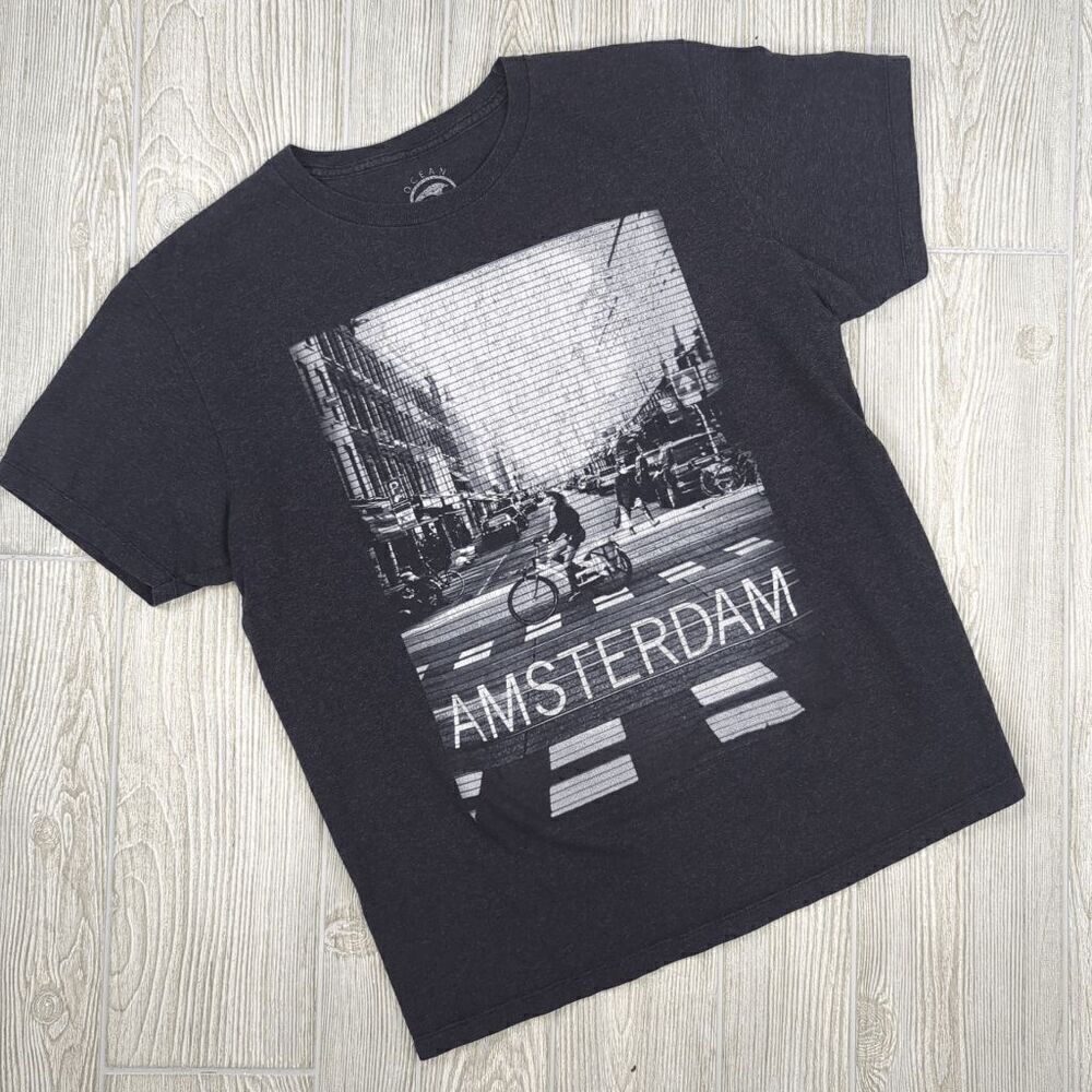 Ocean Current Amsterdam City Scape Dark Gary T-Shirt Graphic Print Sz LG